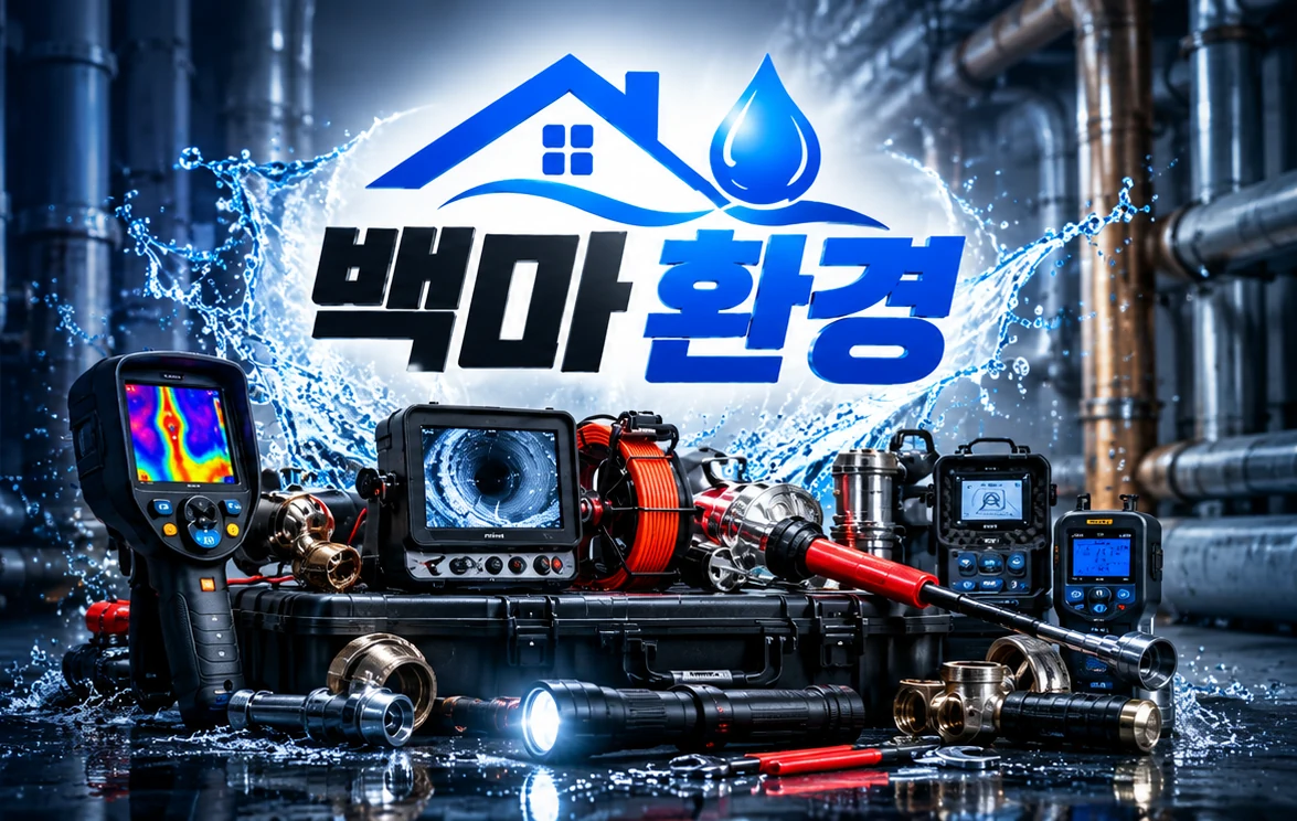 백마환경 누수탐지 로고 및 누수·배관 점검 장비를 표현한 홍보용 합성 이미지